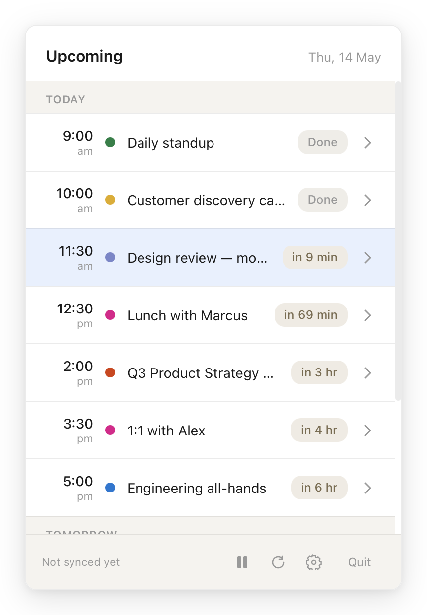 Aligrio popover showing today's events