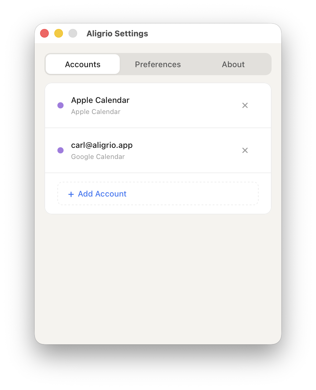 Aligrio settings showing connected calendar accounts